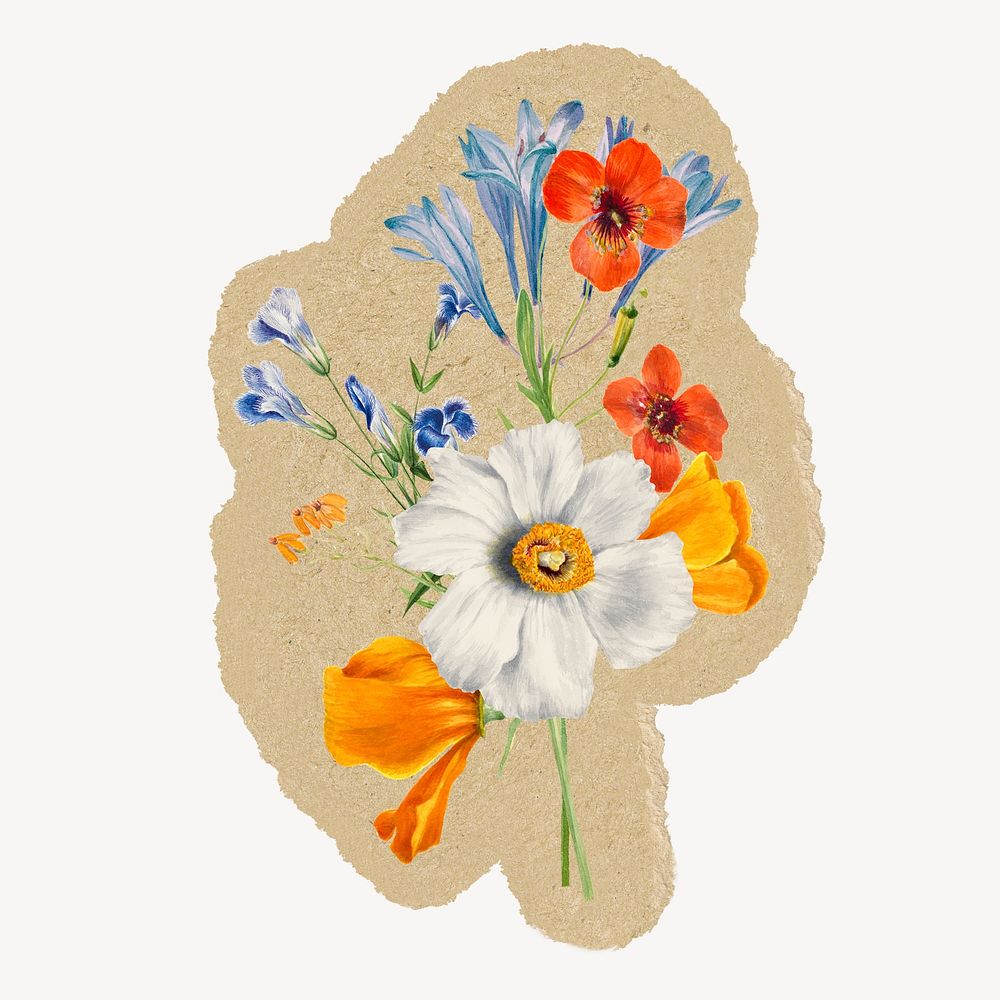 Spring flowers sticker, ripped paper design psd
