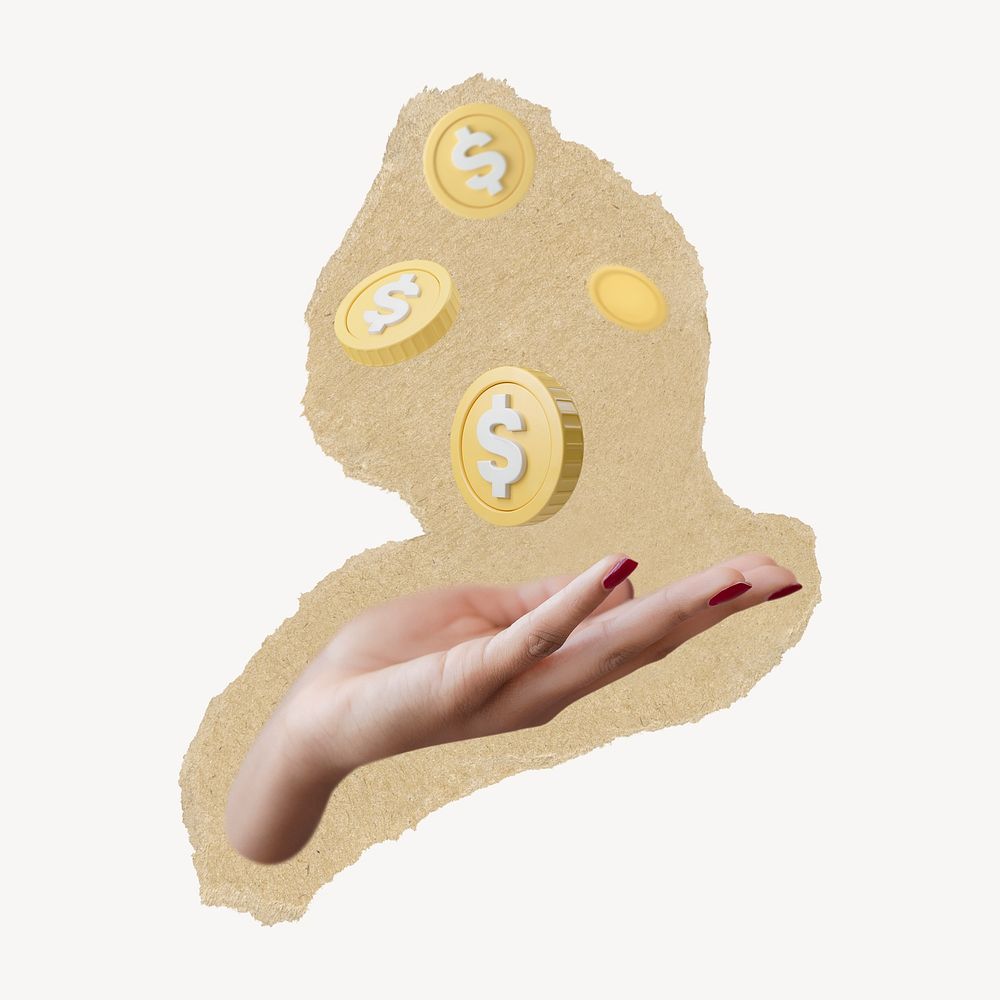 Hand presenting coins, finance sticker, ripped paper design psd