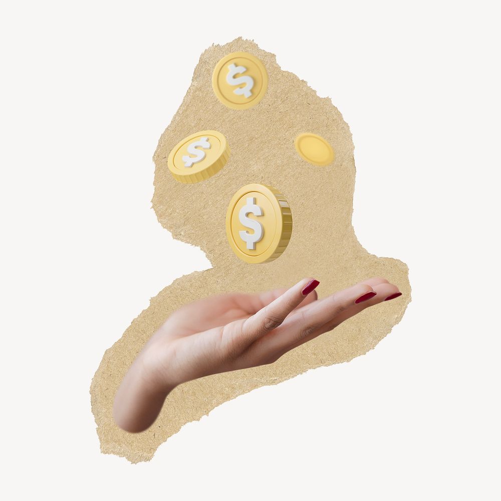 Hand presenting coins, finance ripped paper isolated collage element