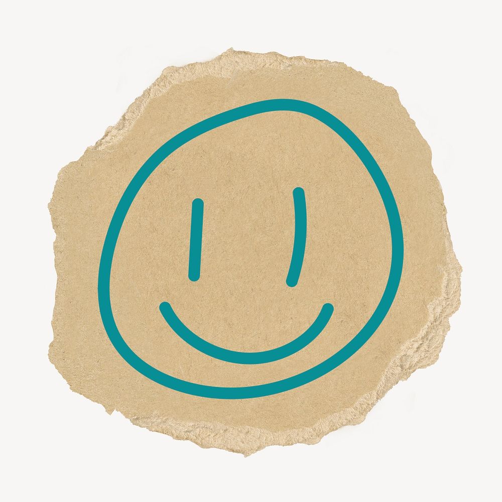 Smiling face doodle sticker, ripped paper design psd
