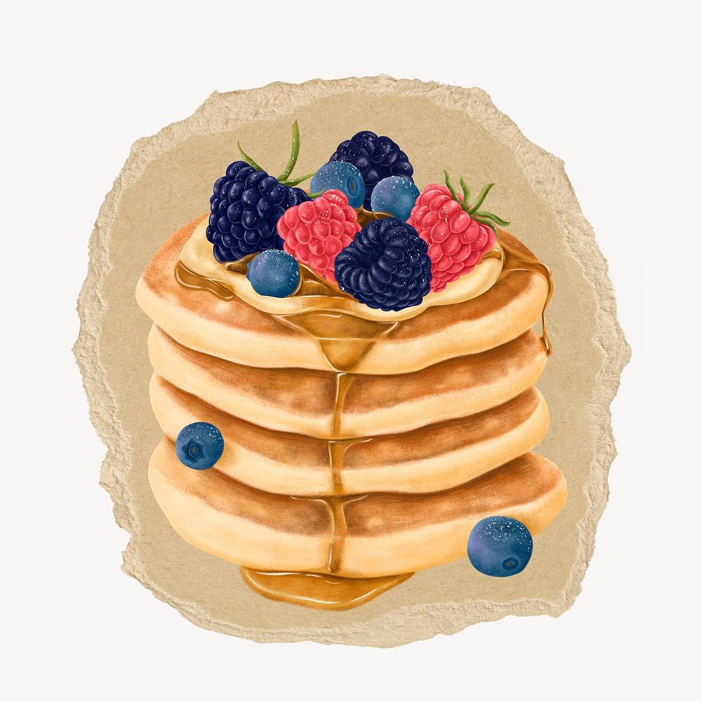 Mixed-berries pancakes sticker, ripped paper design psd