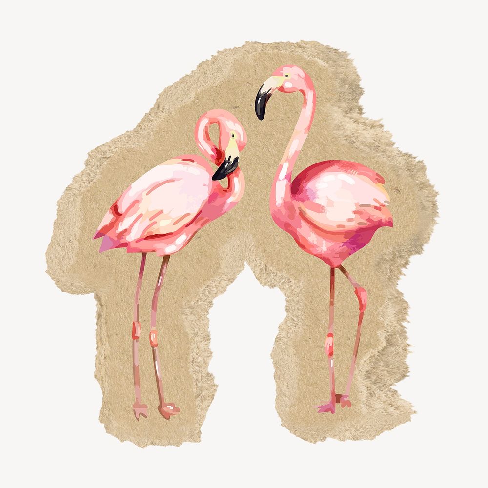 Flamingo birds sticker, ripped paper design psd