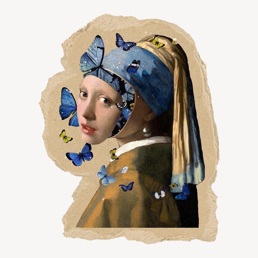 Girl with a Pearl Earring ripped paper isolated collage element, remixed by rawpixel