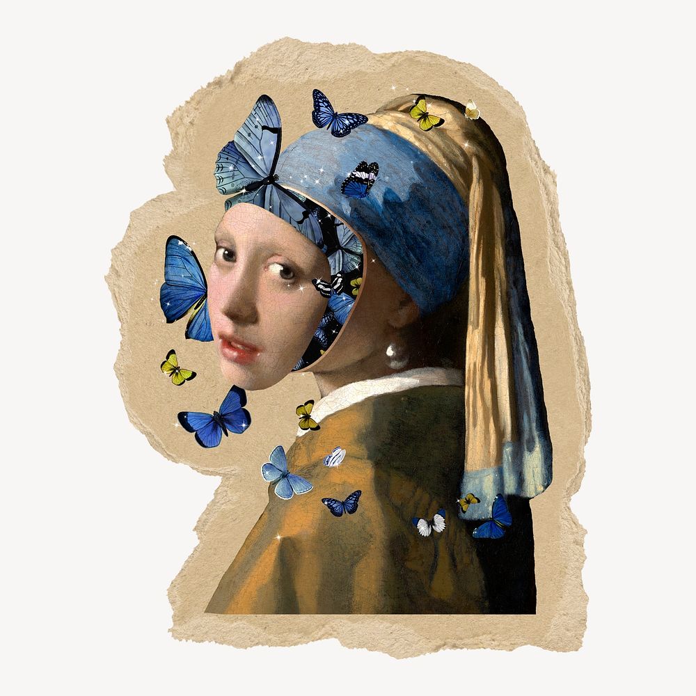 Girl with a Pearl Earring sticker, ripped paper design psd, remixed by rawpixel