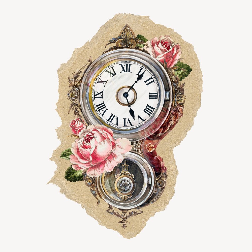 Floral pocket watch sticker, ripped paper design psd
