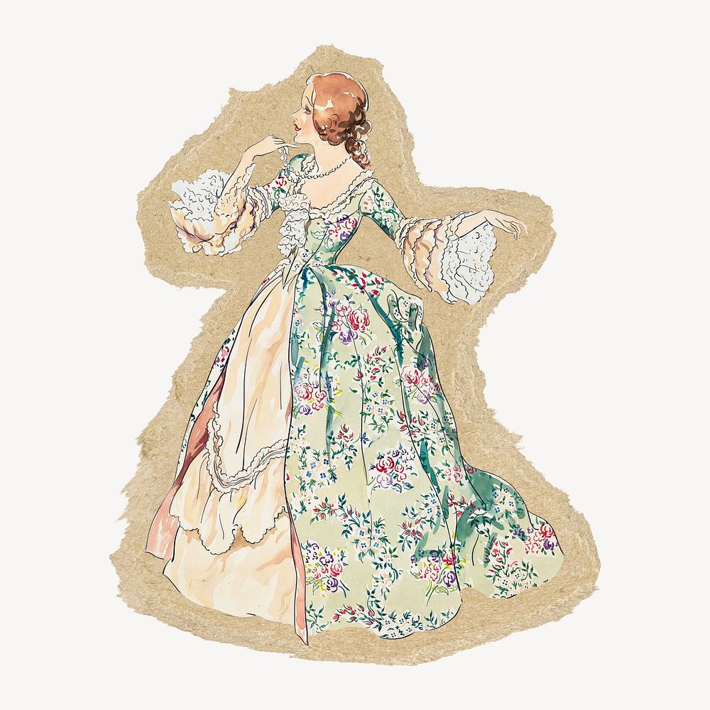 Victorian woman fashion sticker, ripped paper design psd