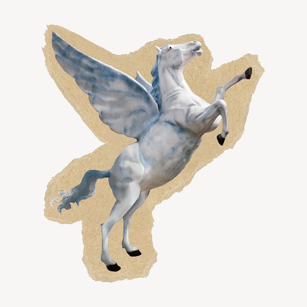 Rearing pegasus ripped paper isolated collage element