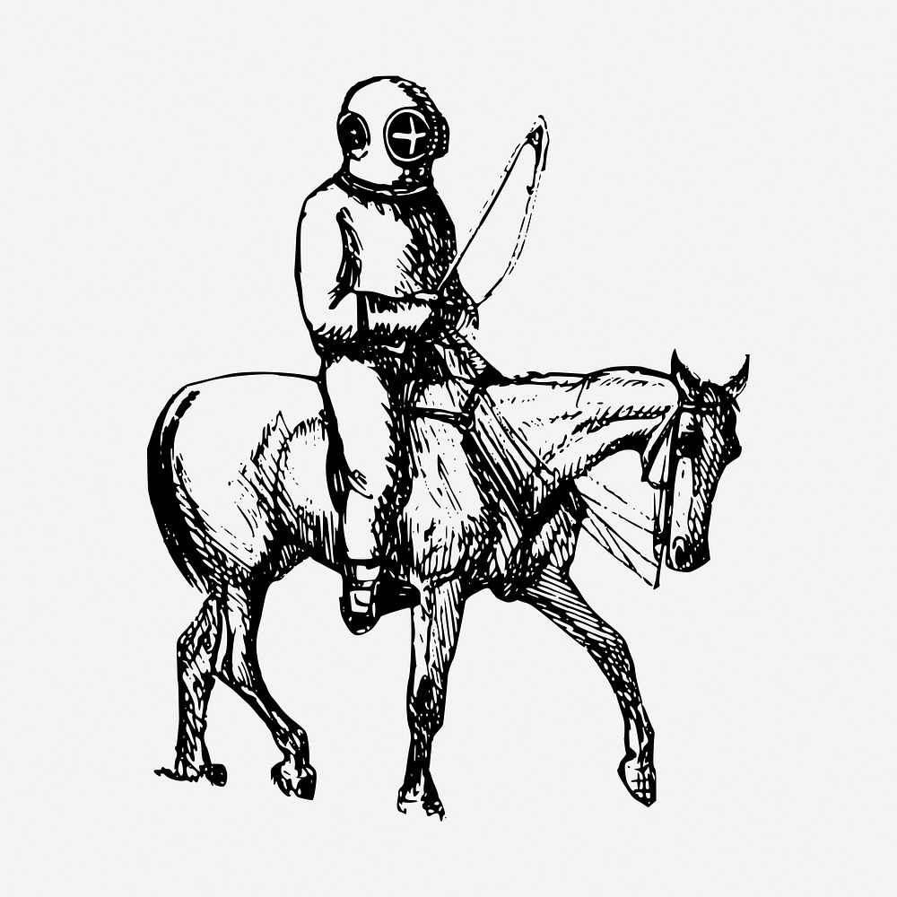 Diver riding horse drawing, vintage illustration. Free public domain CC0 image.
