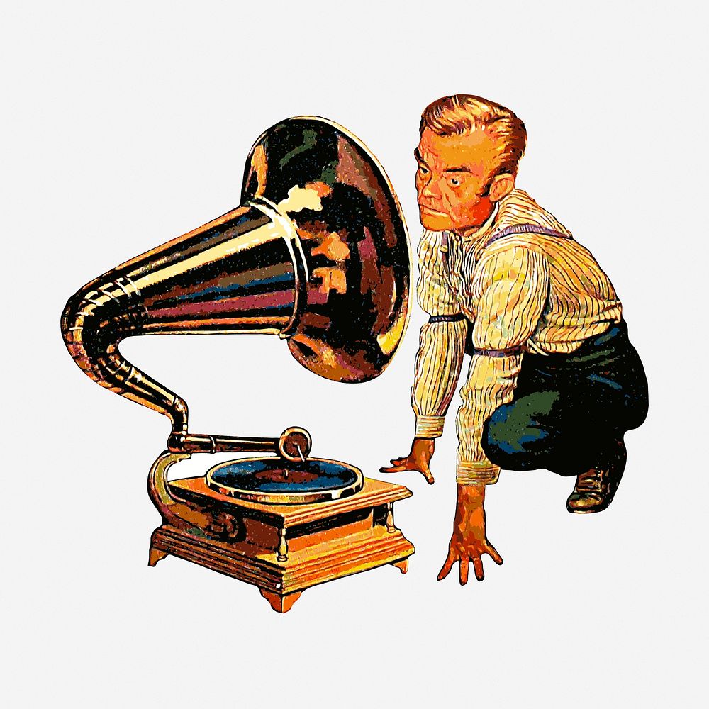 Man listening to gramophone clipart, vintage music illustration. Free public domain CC0 image.
