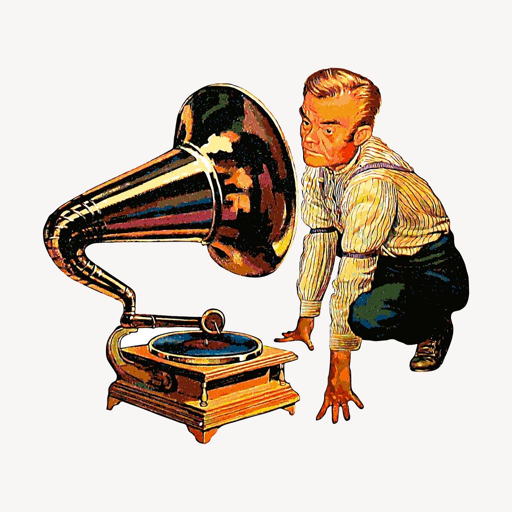 Man listening to gramophone clipart, vintage music illustration vector. Free public domain CC0 image.