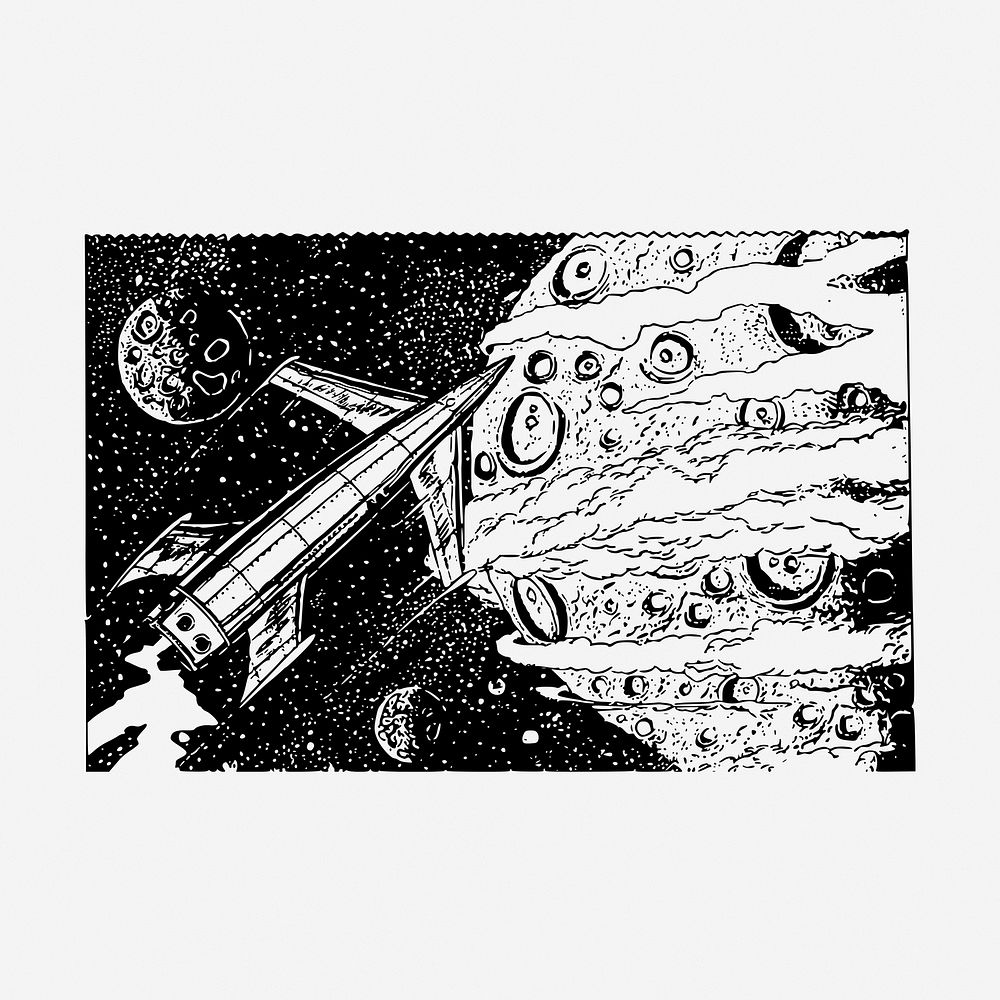 Spaceship flying drawing, vintage galaxy illustration. Free public domain CC0 image.