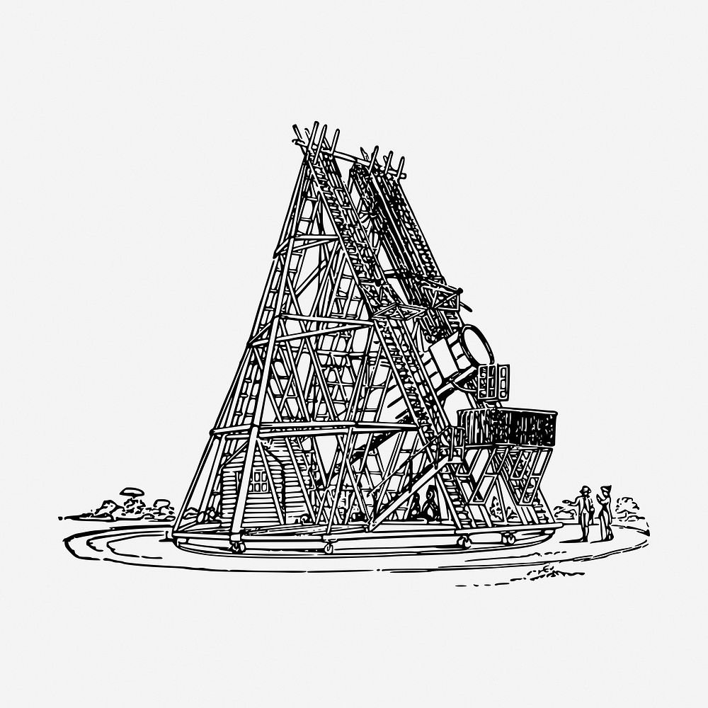 40-foot telescope drawing, vintage architecture illustration. Free public domain CC0 image.