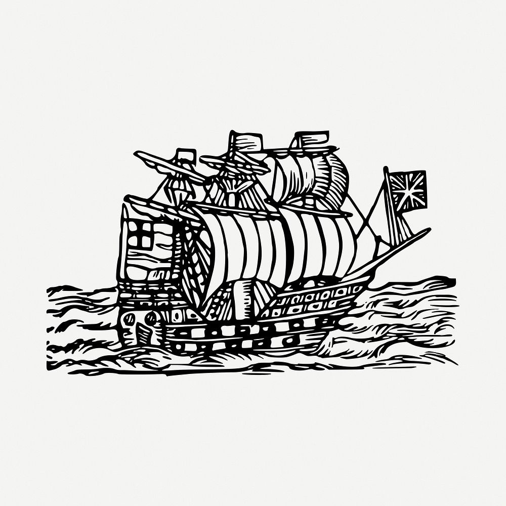 Sailing ship drawing, vintage illustration psd. Free public domain CC0 image.