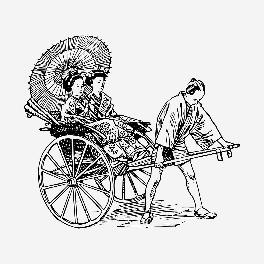 Rickshaw drawing, vintage illustration. Free public domain CC0 image.