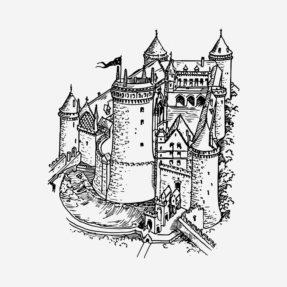 Castle drawing, vintage illustration. Free public domain CC0 image.