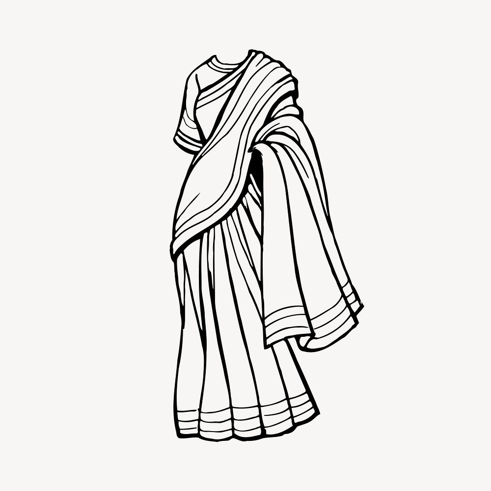 Saree dress drawing, vintage illustration psd. Free public domain CC0 image.
