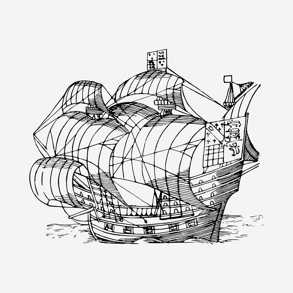 Sailing ship drawing, vintage illustration. Free public domain CC0 image.