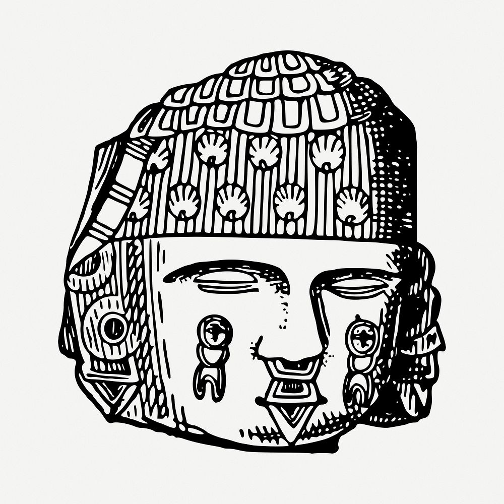 Aztec sculpture head drawing, vintage illustration psd. Free public domain CC0 image.