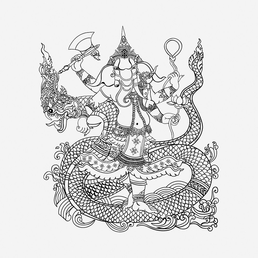 Lord Ganesha, Hindu God drawing, vintage illustration. Free public domain CC0 image.
