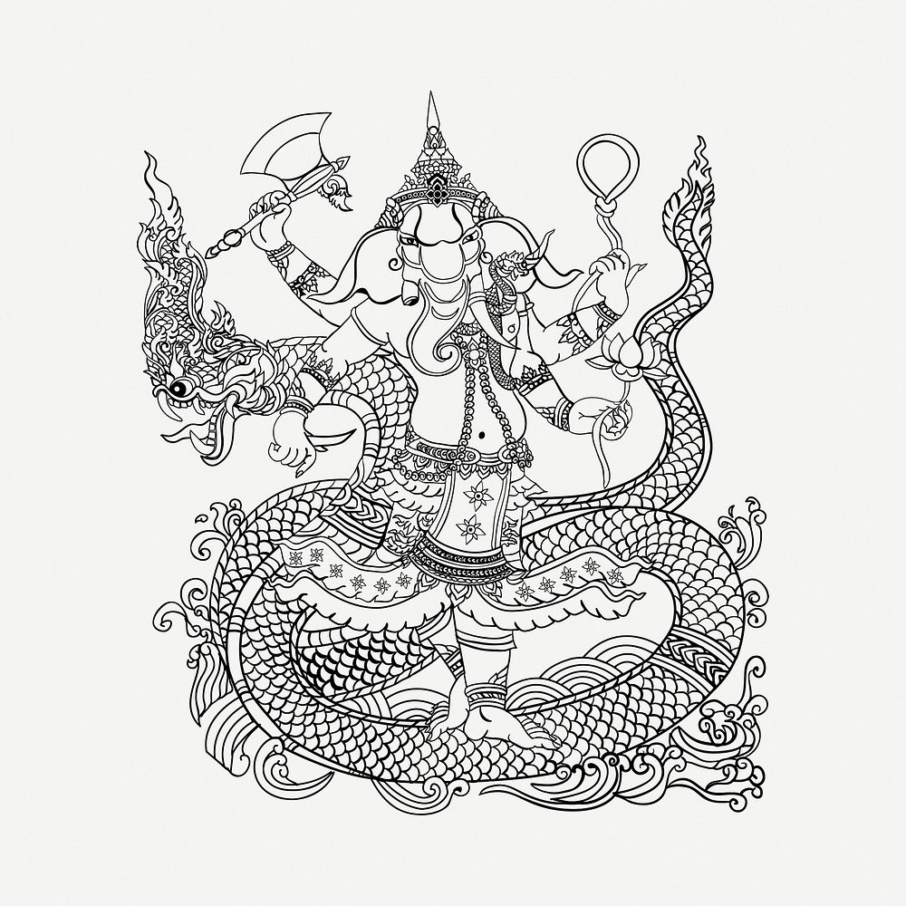 Lord Ganesha, Hindu God drawing, vintage illustration psd. Free public domain CC0 image.