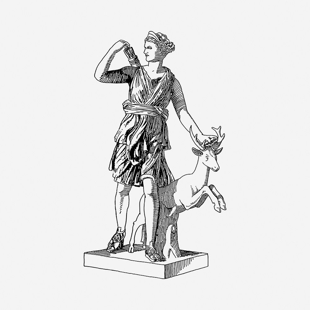 Artemis statue drawing, vintage illustration. Free public domain CC0 image.