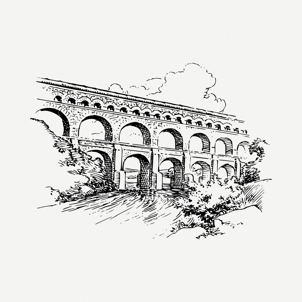 Roman bridge  drawing, vintage illustration psd. Free public domain CC0 image.