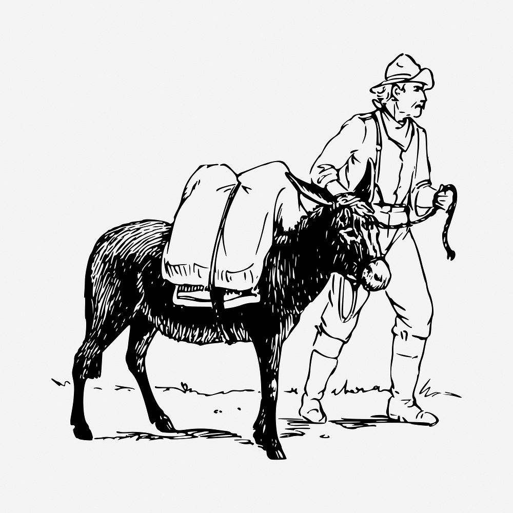 Man and donkey drawing, vintage illustration. Free public domain CC0 image.