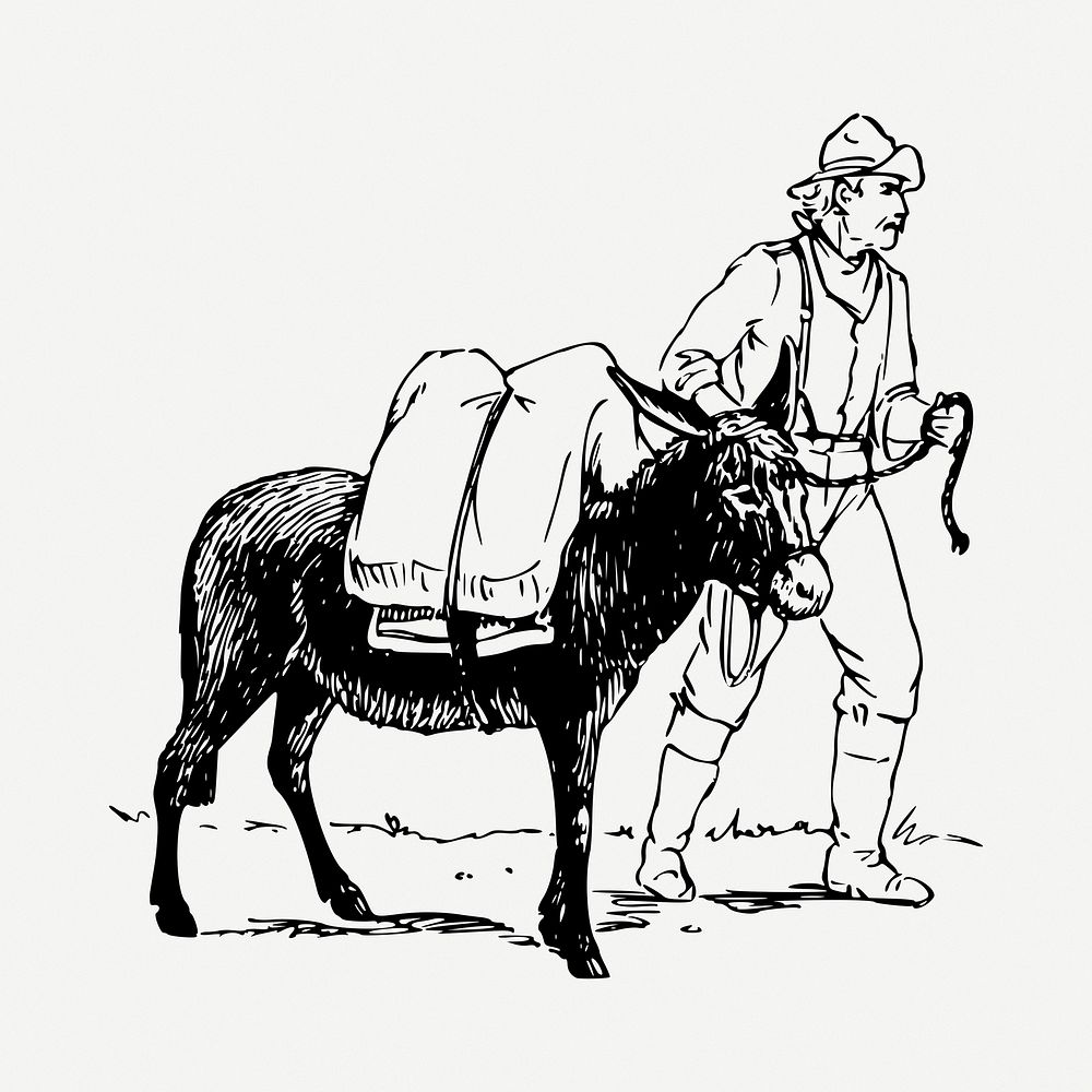 Man and donkey drawing, vintage illustration psd. Free public domain CC0 image.