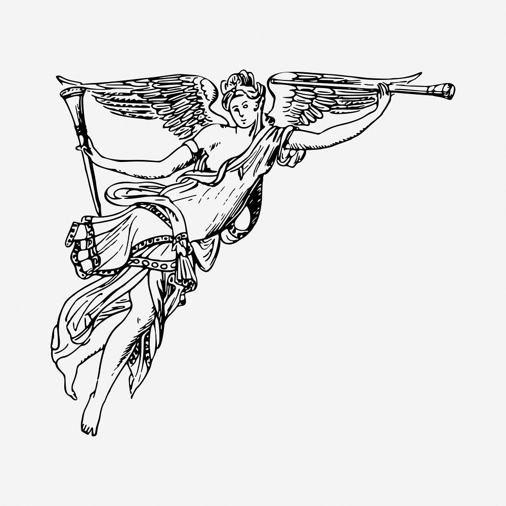 Angel with horn drawing, vintage illustration. Free public domain CC0 image.