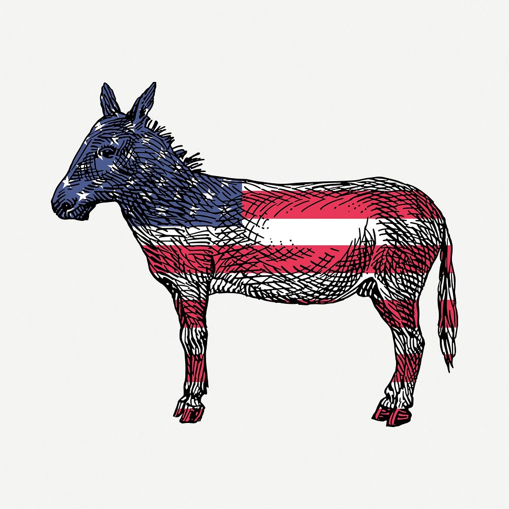 American flag donkey drawing, vintage illustration psd. Free public domain CC0 image.