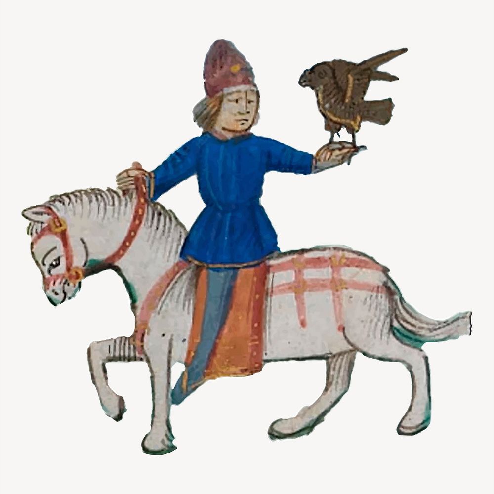 Medieval man, horseback riding drawing, vintage illustration. Free public domain CC0 image.