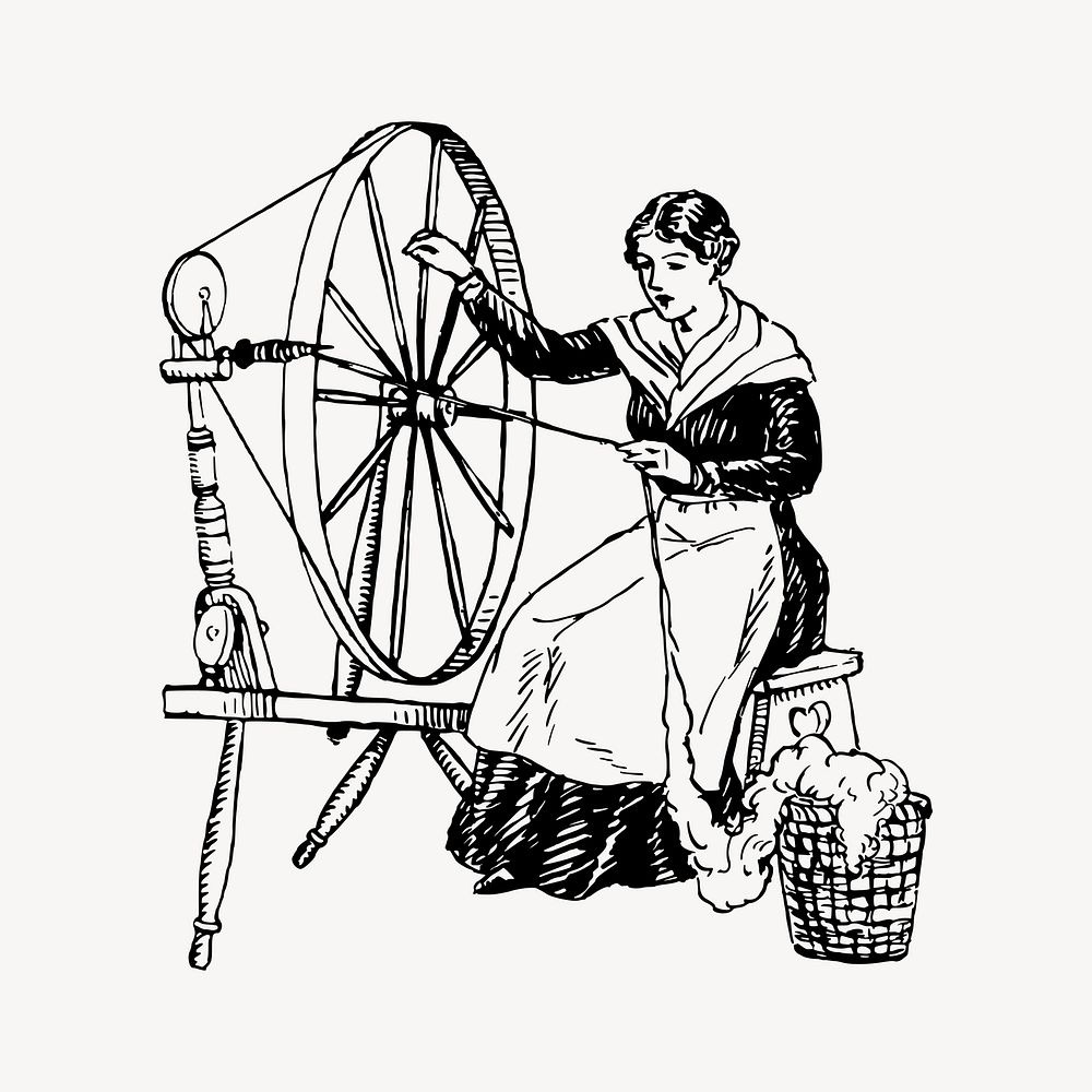 Spinning wheel lady drawing, vintage illustration vector. Free public domain CC0 image.