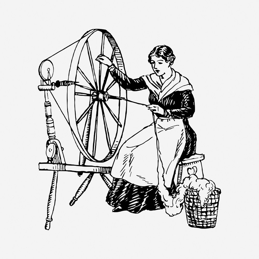 Spinning wheel lady vintage illustration. Free public domain CC0 image.
