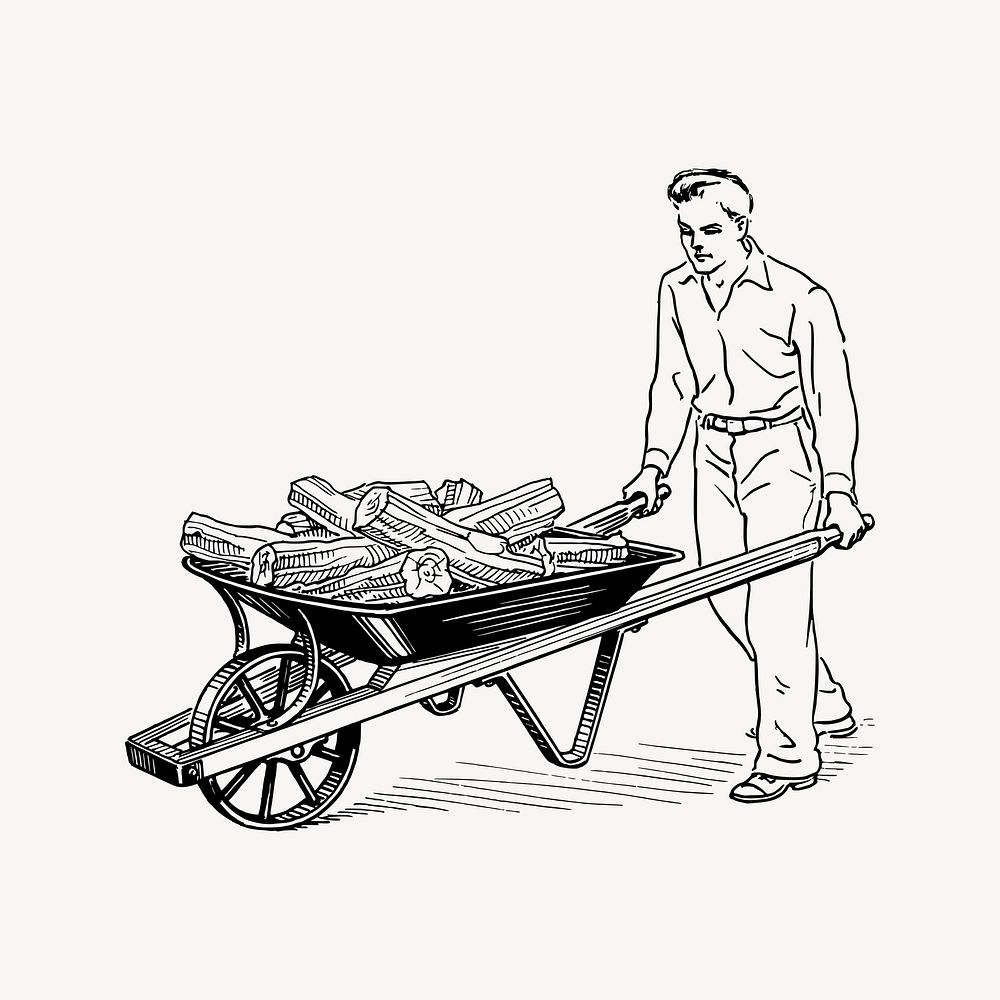 Man with wheelbarrow drawing, vintage illustration vector. Free public domain CC0 image.