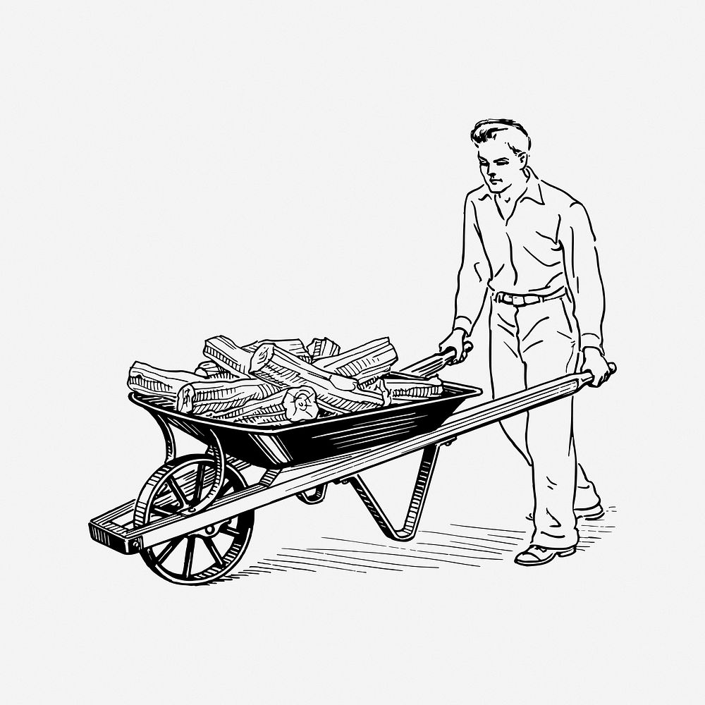 Man with wheelbarrow vintage illustration. Free public domain CC0 image.