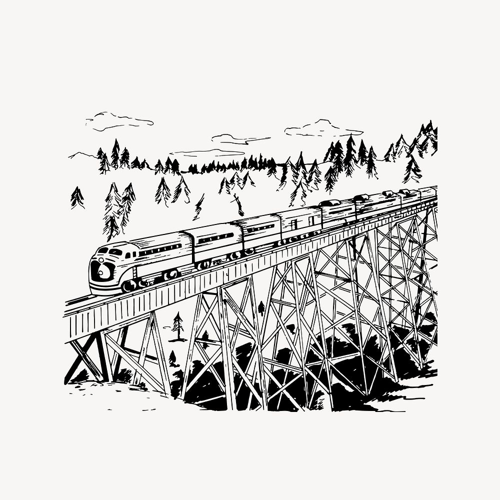 Train on trestle drawing, vintage transportation illustration vector. Free public domain CC0 image.