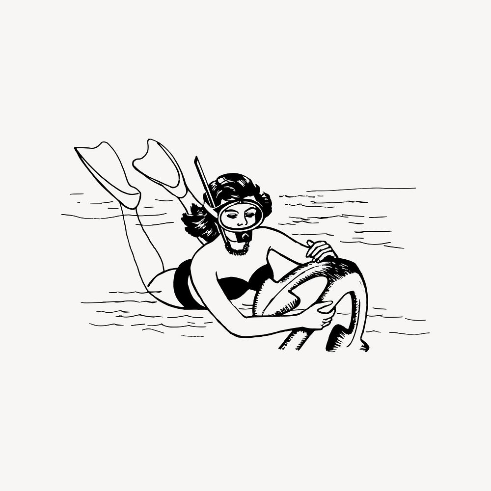 Woman diving underwater drawing, vintage illustration vector. Free public domain CC0 image.