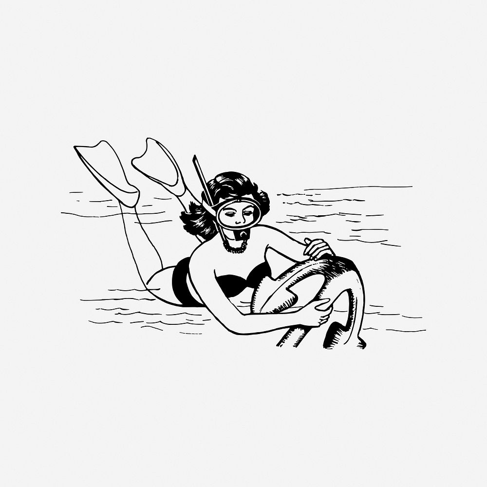 Woman diving underwater vintage illustration. Free public domain CC0 image.