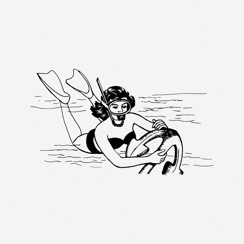 Woman diving underwater clipart, vintage illustration psd. Free public domain CC0 image.