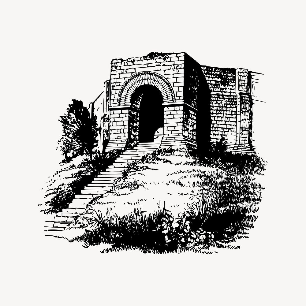 Castle gate drawing, vintage architecture illustration vector. Free public domain CC0 image.