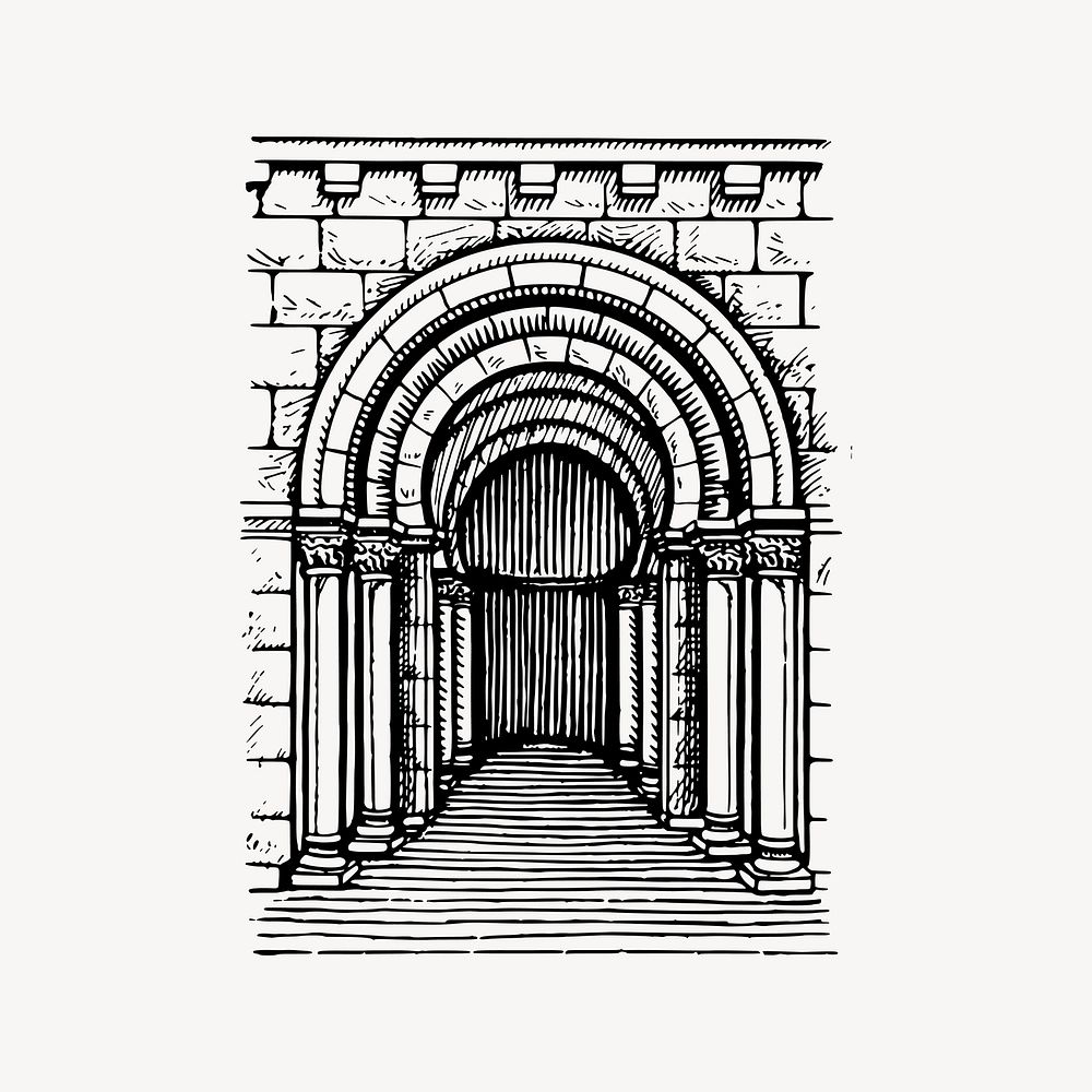 Romanesque arch drawing, vintage architecture illustration vector. Free public domain CC0 image.