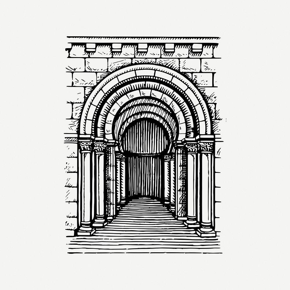 Romanesque arch clipart, vintage architecture illustration psd. Free public domain CC0 image.