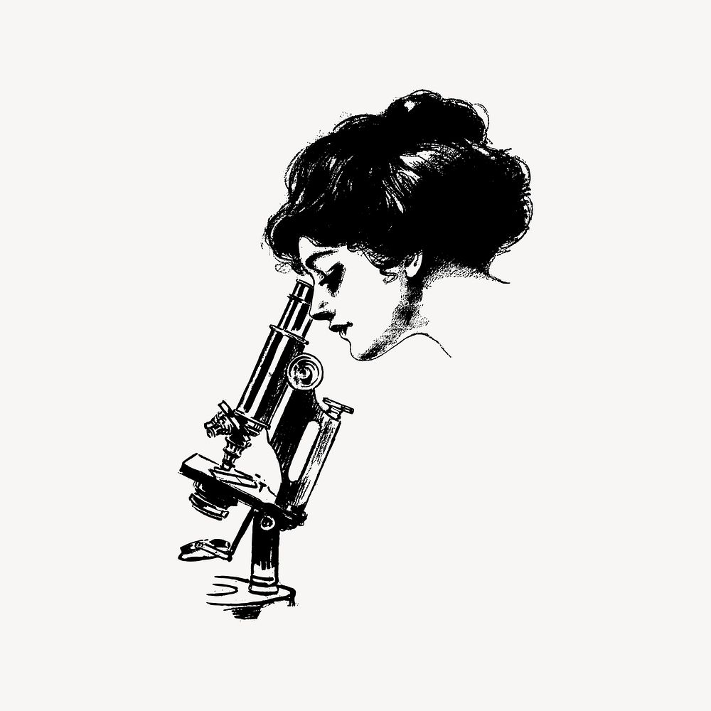 Woman using microscope drawing, vintage illustration vector. Free public domain CC0 image.