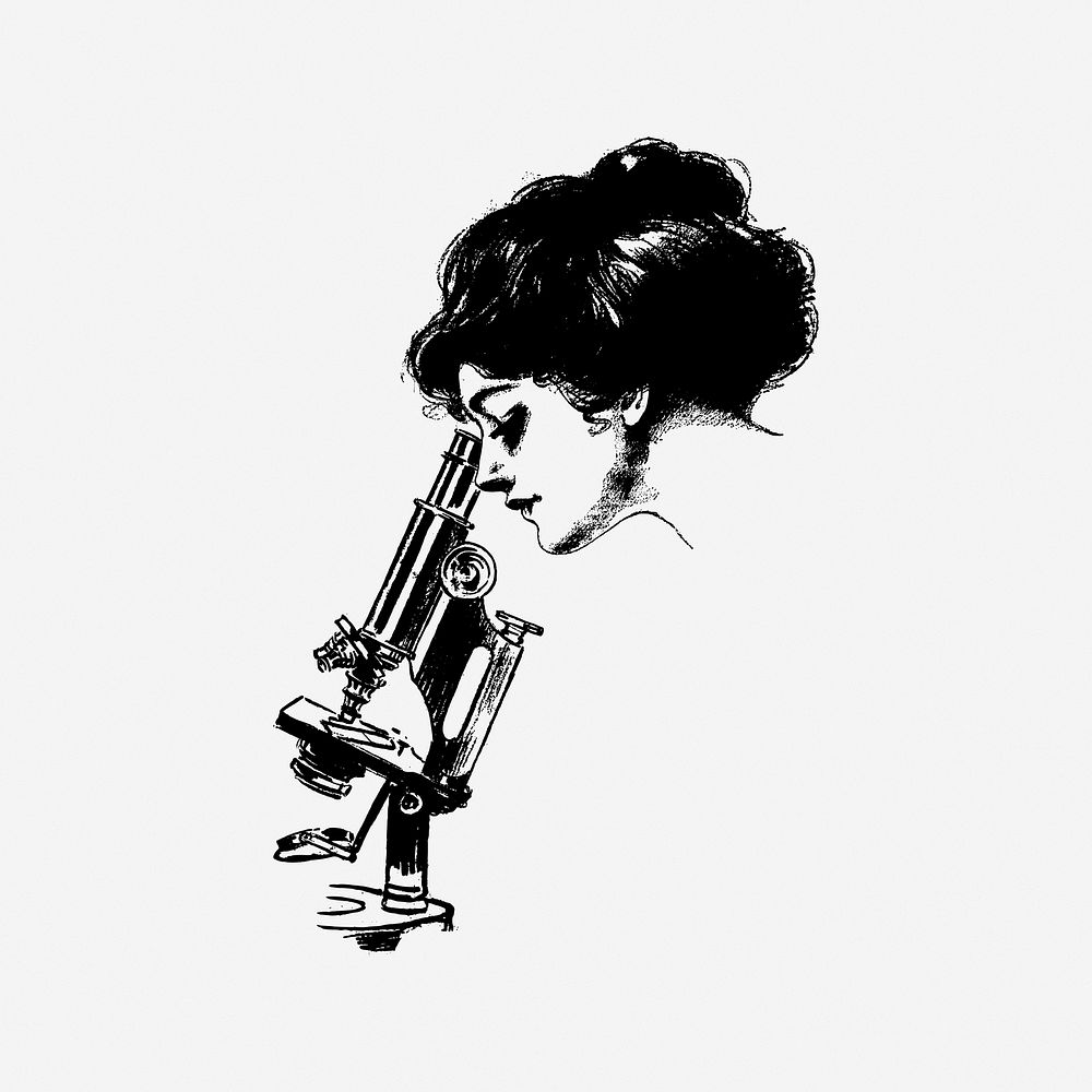 Woman using microscope vintage illustration. Free public domain CC0 image.