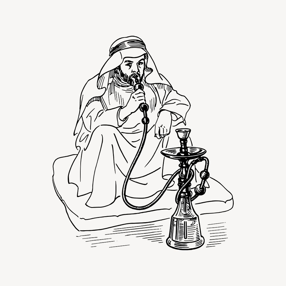 Man smoking hookah drawing, vintage illustration vector. Free public domain CC0 image.