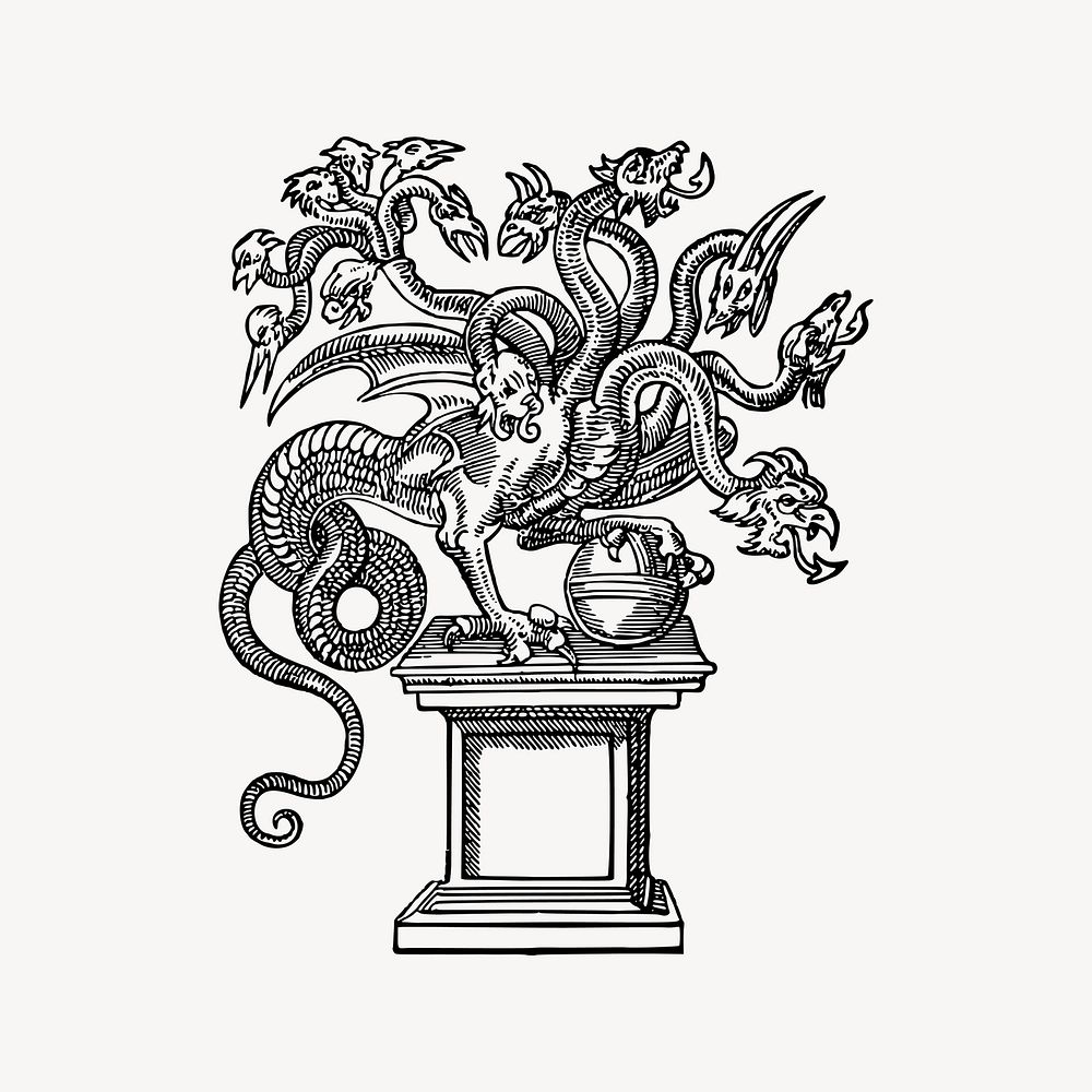 Hydra statue drawing, vintage myth creature illustration vector. Free public domain CC0 image.