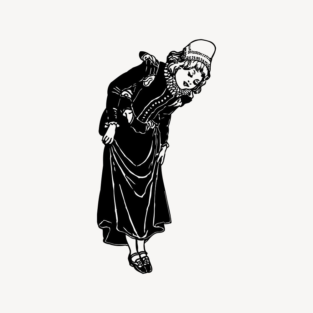 Lady showing shoes drawing, vintage illustration vector. Free public domain CC0 image.