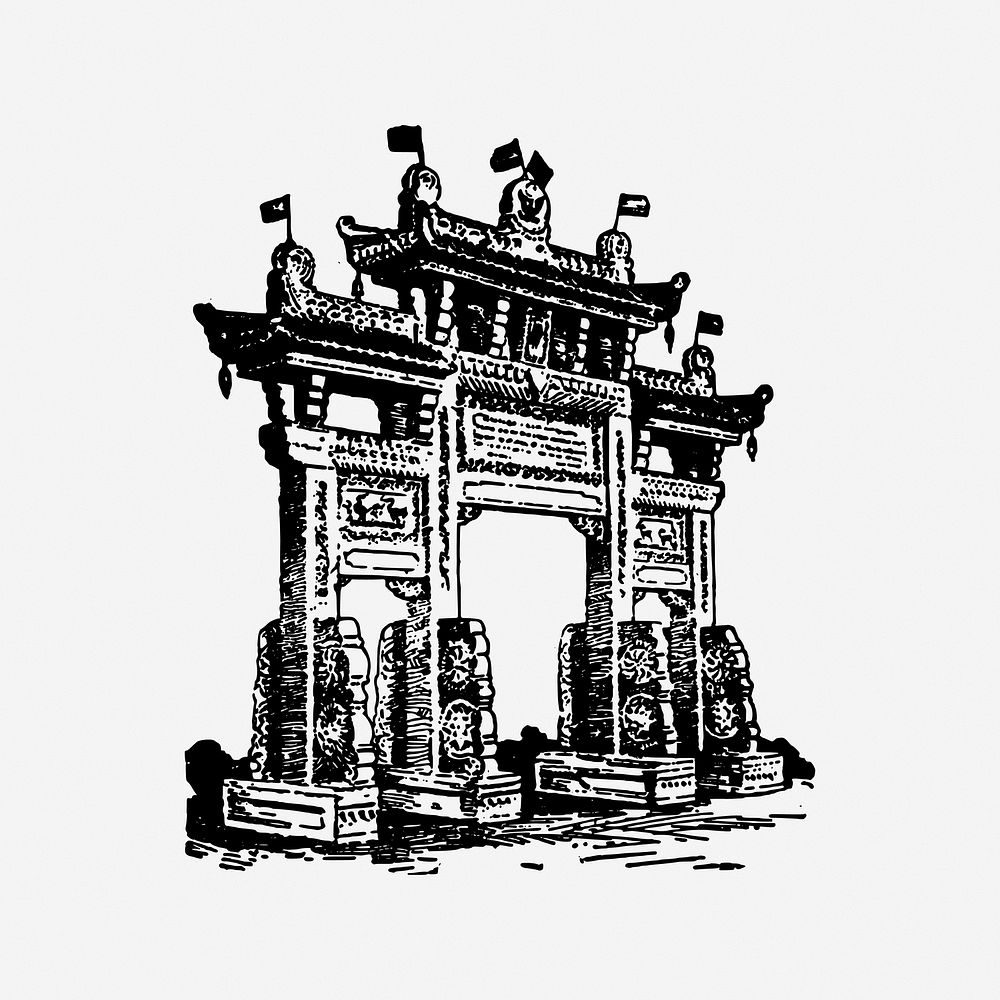 Chinatown gate vintage illustration. Free public domain CC0 image.