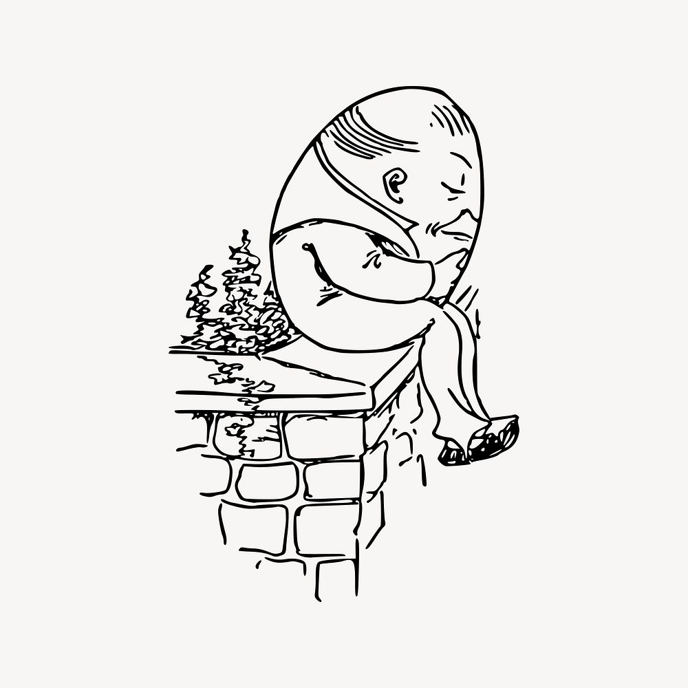 Humpty Dumpty sitting on wall drawing, vintage illustration vector. Free public domain CC0 image.
