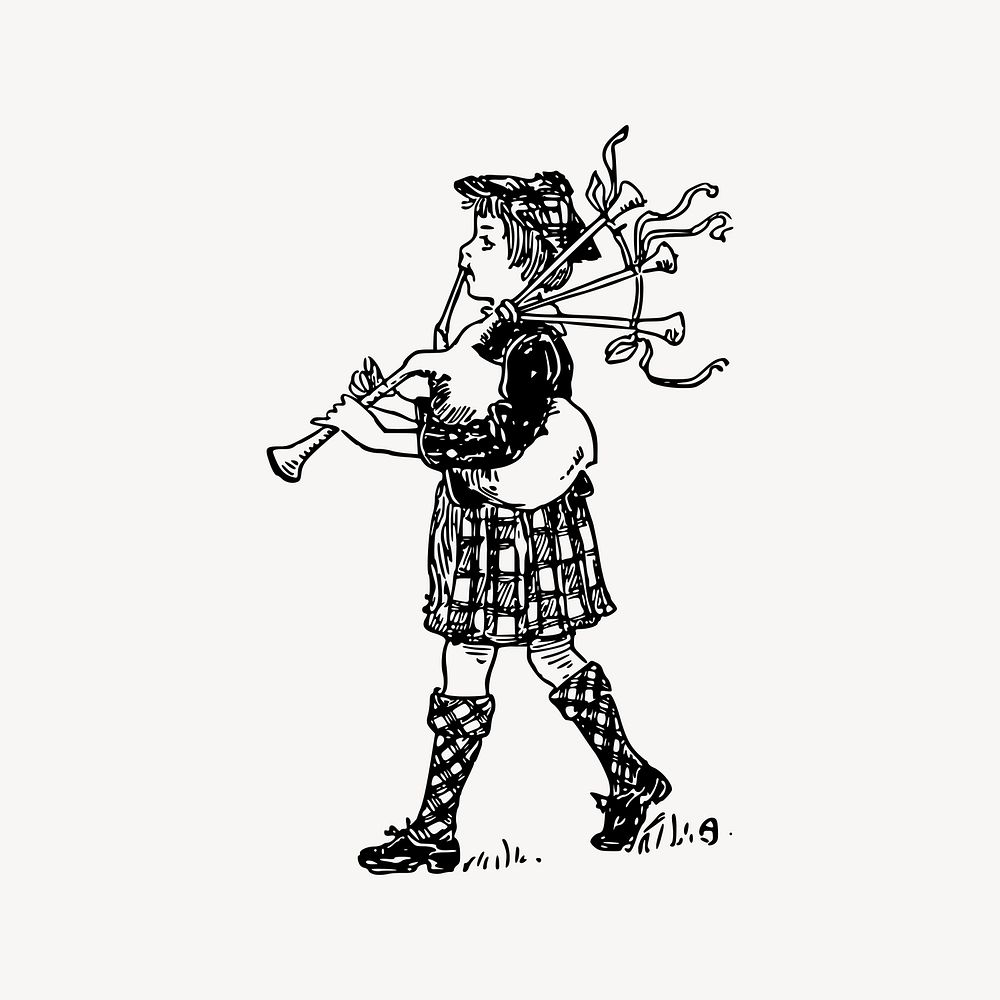 Bagpipes boy drawing, vintage music illustration vector. Free public domain CC0 image.